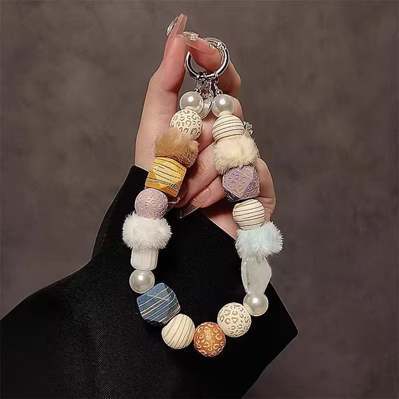Chain Plush Bead Wooden Wrist Strap