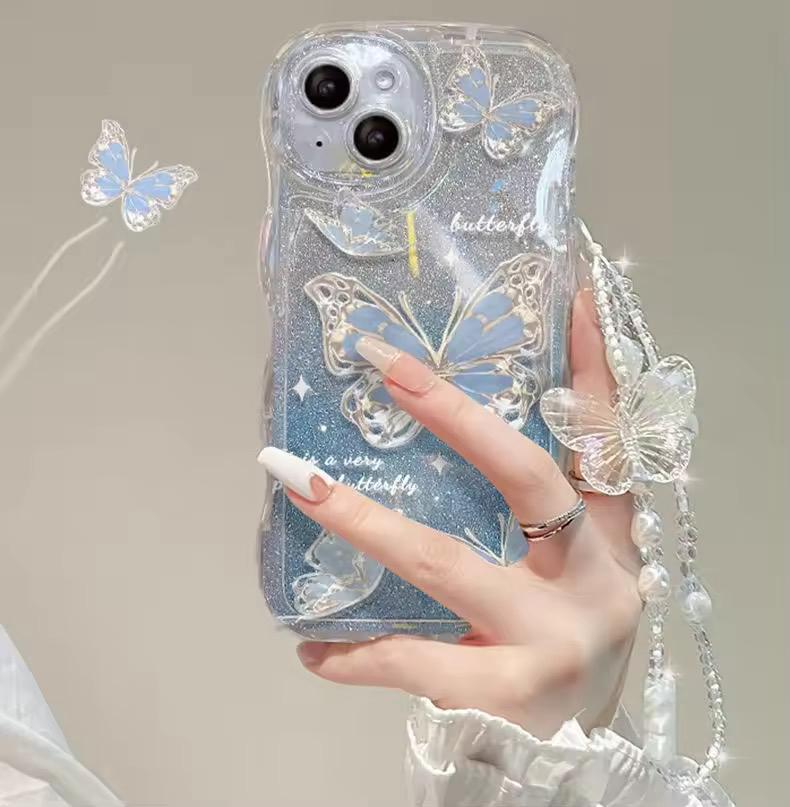 Fashion Gradual Colors Glitter TPU Butterfly Phone Case With Strap Chain Back Cover