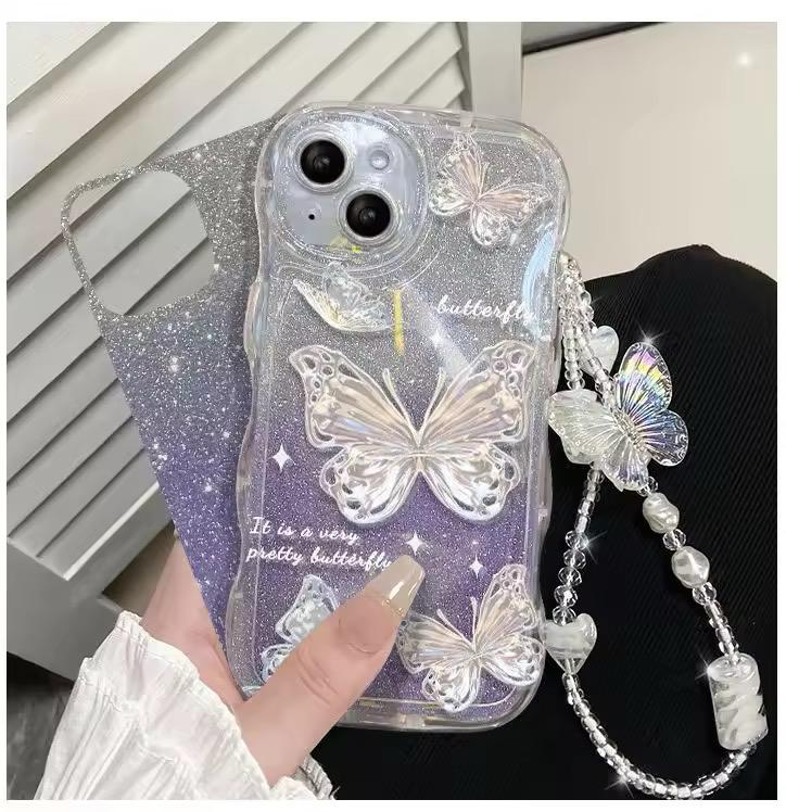 Fashion Gradual Colors Glitter TPU Butterfly Phone Case With Strap Chain Back Cover