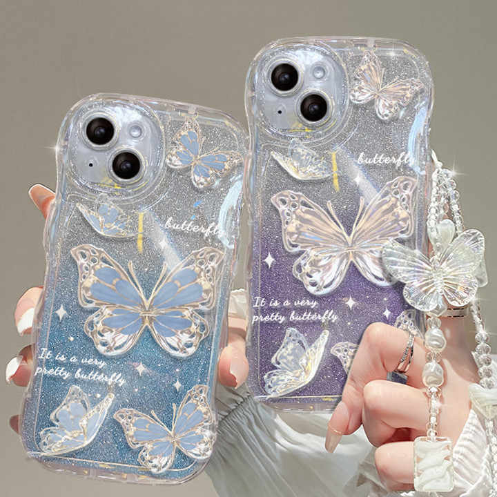 Fashion Gradual Colors Glitter TPU Butterfly Phone Case With Strap Chain Back Cover